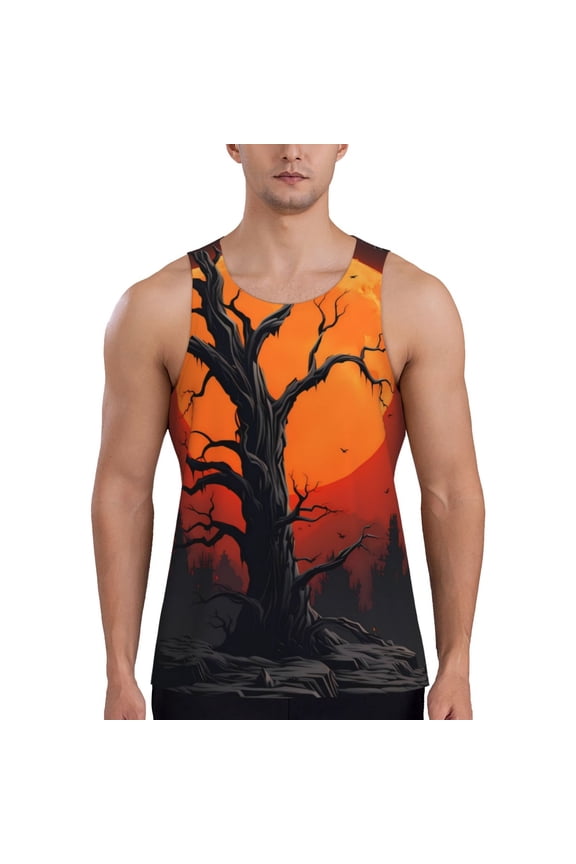 Yellow Castle Sunset Tree Pattern Sleeveless Gym Shirt Muscle Tee Breathable Workout Shirt Slim-Fit Tank Quick Dry Fit Muscle Tank Top Bodybuilding Sleeveless T Shirt-Large