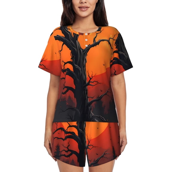 Rateoe Yellow Castle Sunset Tree Pattern Women's Short-Sleeved Pajama Set - 2 Piece Soft and Lightweight Sleepwear Set-Medium