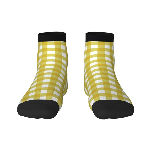 Rateoe Yellow Checkboard Pattern Quarter Crew Socks,Toe Seamed Ankle Socks,Cotton Cushioned Breathable Athletic Crew Sports Socks