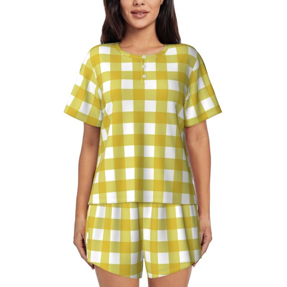 Rateoe Yellow Checkboard Pattern Women's Short-Sleeved Pajama Set - 2 Piece Soft and Lightweight Sleepwear Set-Small