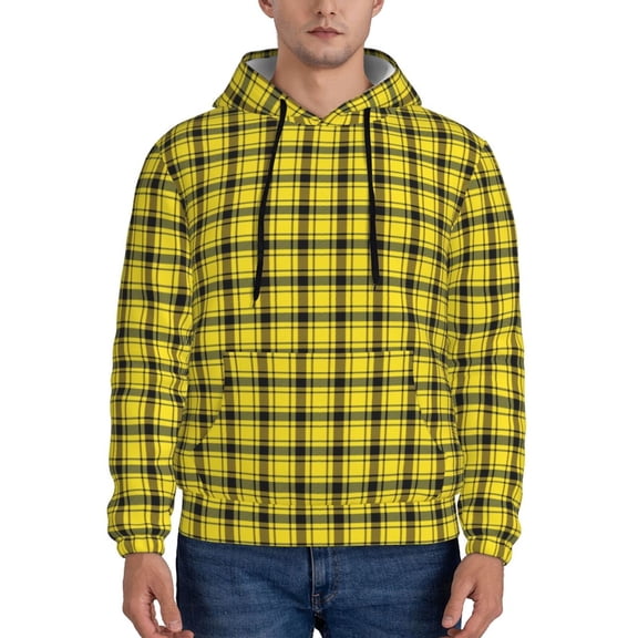 Rateoe Yellow Checkered Plaid Pattern Mens Hoodie, Pullover Hooded Sweatshirt, Kangaroo Pocket Hoodie Ideal for Daily Wear, Travel and Home-X-Large