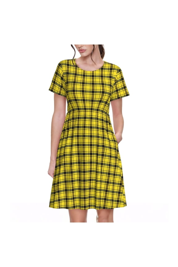 Yellow Checkered Plaid Pattern Women’s Short Sleeve Dress – Casual Elegant Summer A-Line Dress for Everyday Wear