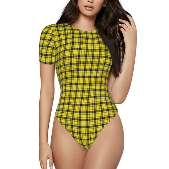 Rateoe Yellow Checkered Plaid Printed Women Rash Guard Short Sleeve,Tummy control Swimsuit Surfing Swimsuit Bathing Suit Short-sleeved Onesie UPF 50+ -Medium