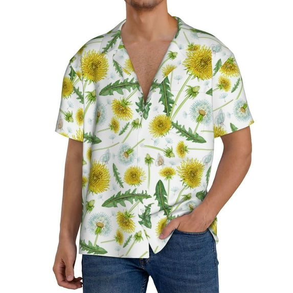 Rateoe Yellow Dandelions Pattern Men's Short Sleeve Classic Shirt, Casual Short-Sleeved Shirt, Lightweight Summer Shirt, Cuban Collar Shirt,Button-Front Shirt-XX-Large