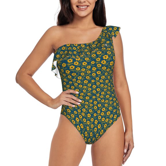 Rateoe Yellow Floral Pattern Women One Piece Swimsuits Tummy Control One Shoulder Bathing Suits Ruffle Swimwear-
