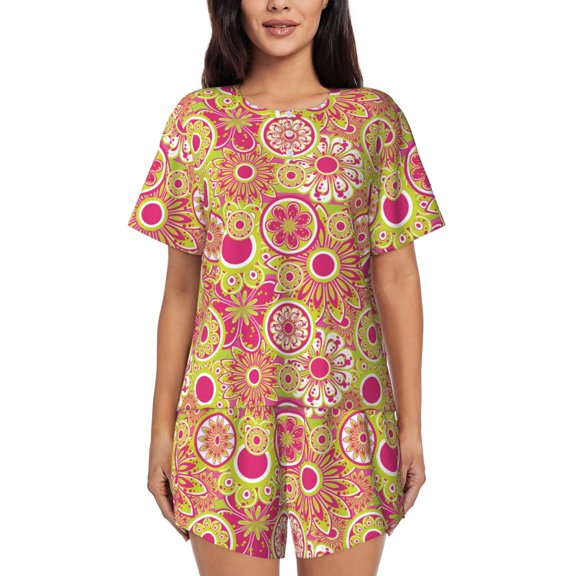 Rateoe Yellow Flowers Pattern Women's Short-Sleeved Pajama Set - 2 Piece Soft and Lightweight Sleepwear Set-Medium
