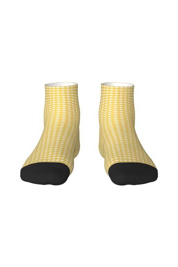Yellow Gingham Pattern Quarter Crew Socks,Toe Seamed Ankle Socks,Cotton Cushioned Breathable Athletic Crew Sports Socks