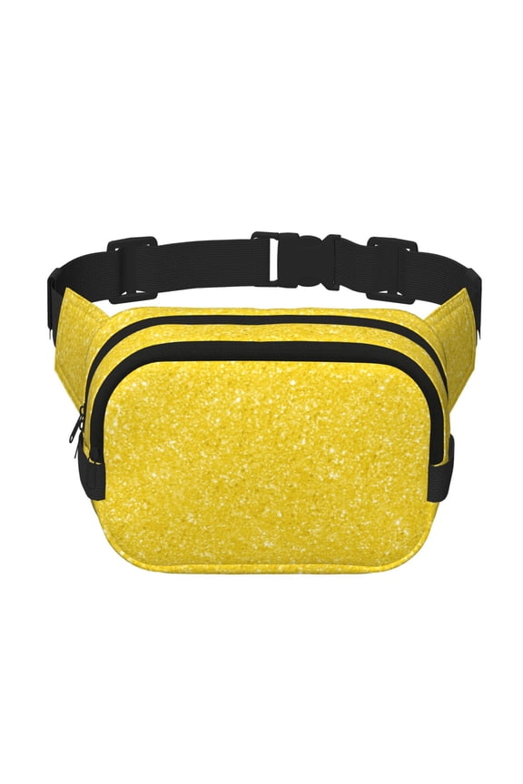 Yellow Glitter Print Fanny Pack Belt Bag for Women and Men, Square Double-Layer Waterproof Waist Pack with Adjustable Strap for Hiking, Jogging, Cycling