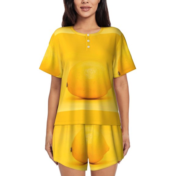 Rateoe Yellow Lemon Pattern Women's Short-Sleeved Pajama Set - 2 Piece Soft and Lightweight Sleepwear Set-Medium