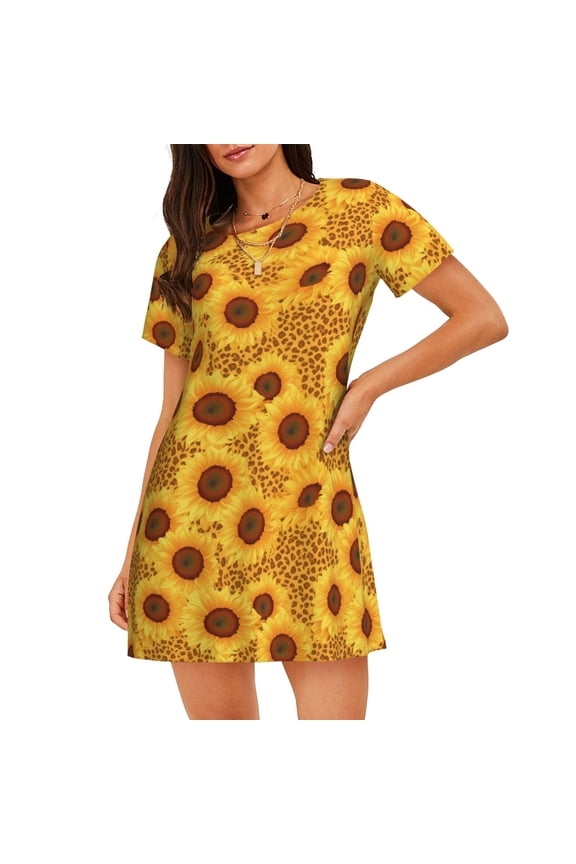 Yellow Leopard Print Sunflower Print Women’s Nightdress – Cozy Cotton Short-sleeved Sleep Shirt, Loose-Fit Sleepwear, Perfect for Relaxing and Sleeping