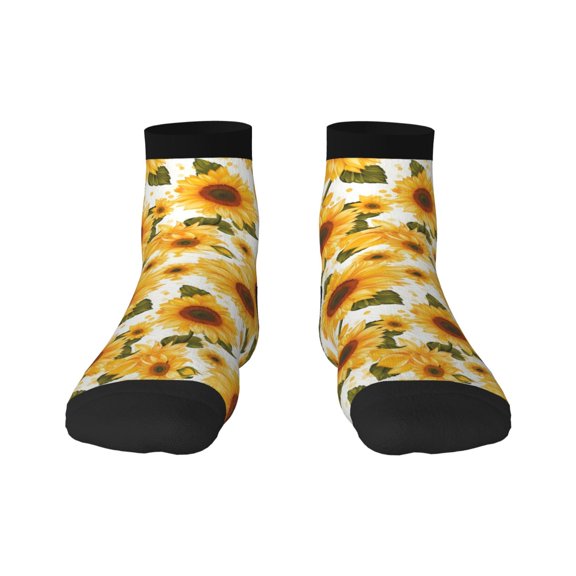 Rateoe Yellow Polka Dot Sunflower Pattern Quarter Crew Socks,Toe Seamed Ankle Socks,Cotton Cushioned Breathable Athletic Crew Sports Socks