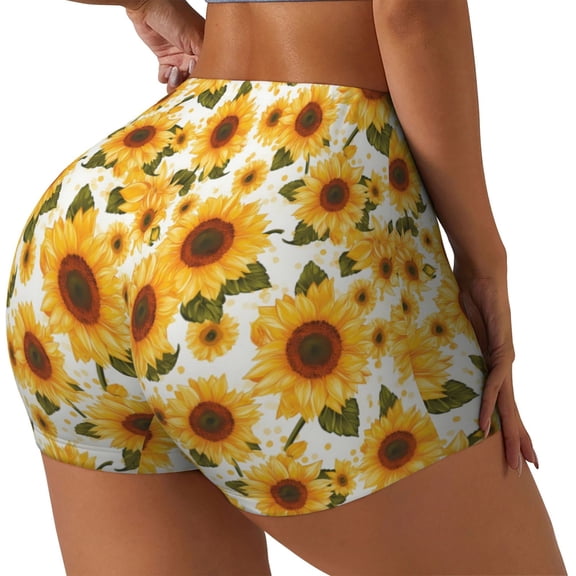 Rateoe Yellow Polka Dot Sunflower Printed Power Workout Shorts for Women Tummy Control Squat Proof Ribbed Thick Seamless Scrunch Active Short-Medium