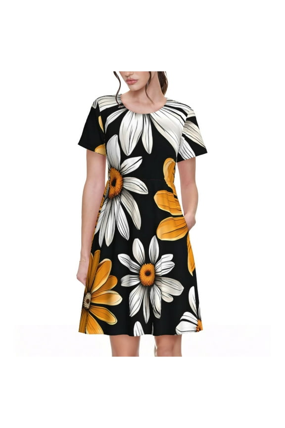 Yellow White Daisy Pattern Pattern Women’s Short Sleeve Dress – Casual Elegant Summer A-Line Dress for Everyday Wear