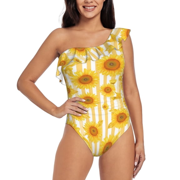 Rateoe Yellow White Striped Sunflower Pattern Women One Piece Swimsuits Tummy Control One Shoulder Bathing Suits Ruffle Swimwear-X-Large