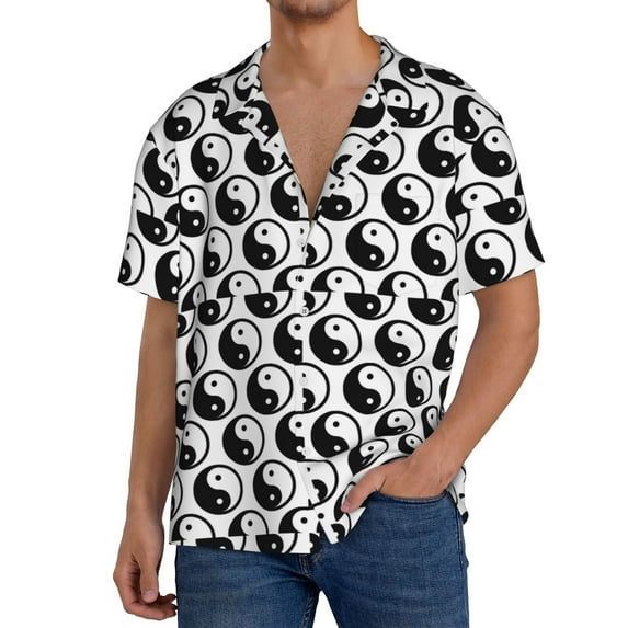 Rateoe Yin Yang Pattern Men's Short Sleeve Classic Shirt, Casual Short-Sleeved Shirt, Lightweight Summer Shirt, Cuban Collar Shirt,Button-Front Shirt-Small