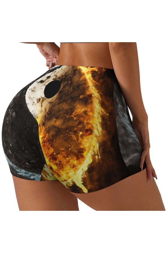 Yin Yang Printed Power Workout Shorts for Women Tummy Control Squat Proof Ribbed Thick Seamless Scrunch Active Short-Small