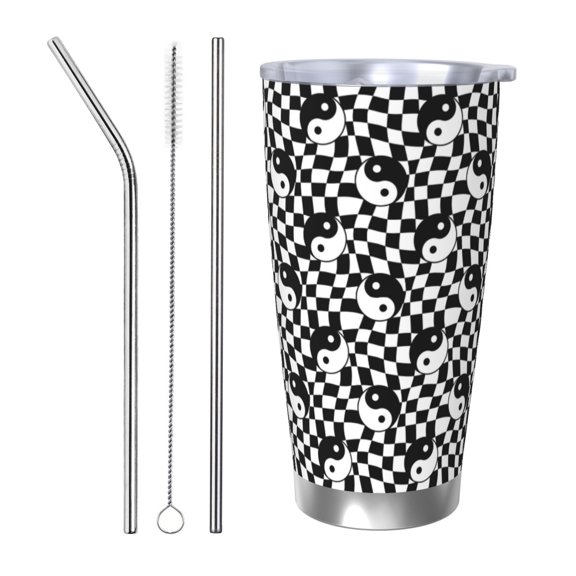 Rateoe Ying Yang Checkered Printed Car Guy Gifts for Men Women Tumbler - 20oz/590ml Double Wall Vacuum Insulated Stainless Steel Travel Tumbler Cups with Lid & Straw-Straw Three-piece Set