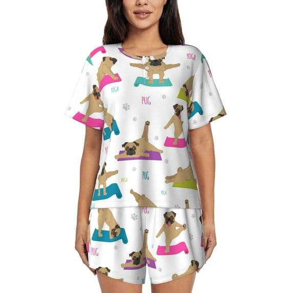 Rateoe Yoga Dogs Poses Pattern Women's Short-Sleeved Pajama Set - 2 Piece Soft and Lightweight Sleepwear Set-X-Large