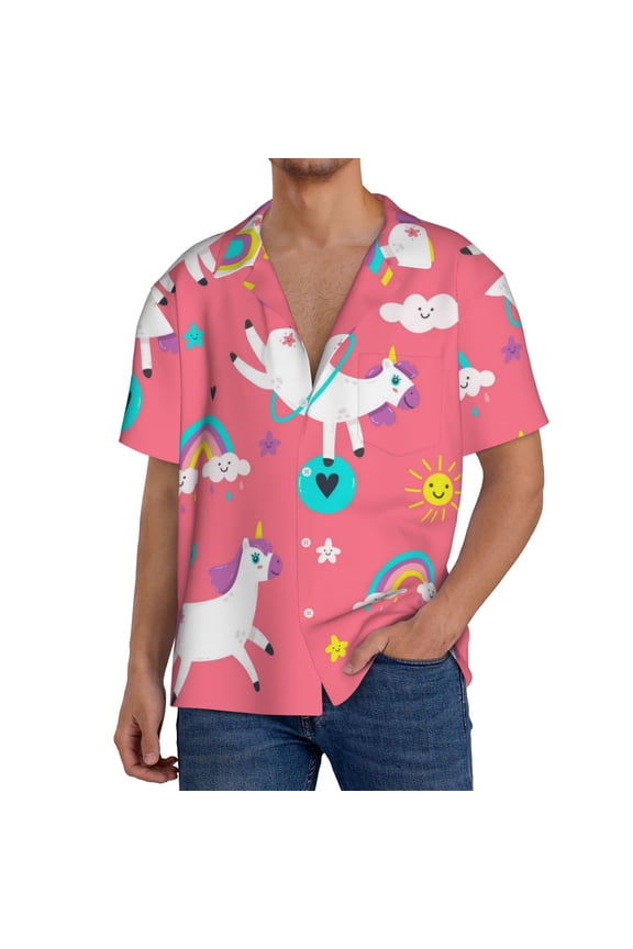 Yoga Unicorn Pattern Men's Short Sleeve Classic Shirt, Casual Short-Sleeved Shirt, Lightweight Summer Shirt, Cuban Collar Shirt,Button-Front Shirt-Small