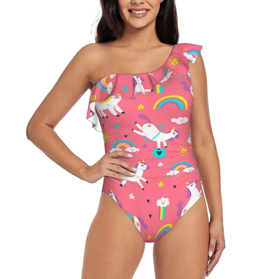 Rateoe Yoga Unicorn Pattern Women One Piece Swimsuits Tummy Control One Shoulder Bathing Suits Ruffle Swimwear-X-Large