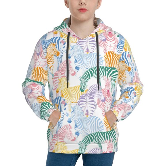 Rateoe Zebra Colourful Pattern Boys Hoodie, Youth Pullover Hooded Sweatshirt, Kangaroo Pocket Hoodie for Kids-Large