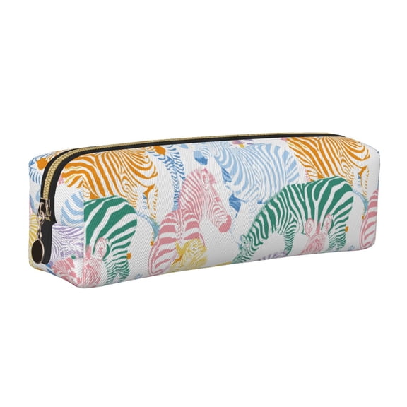 Rateoe Zebra Colourful Print Leather Pencil Case with Smooth Zipper, Compact Storage for Writing Tools & Art Supplies, 8.26" x 1.96" x 2.16"