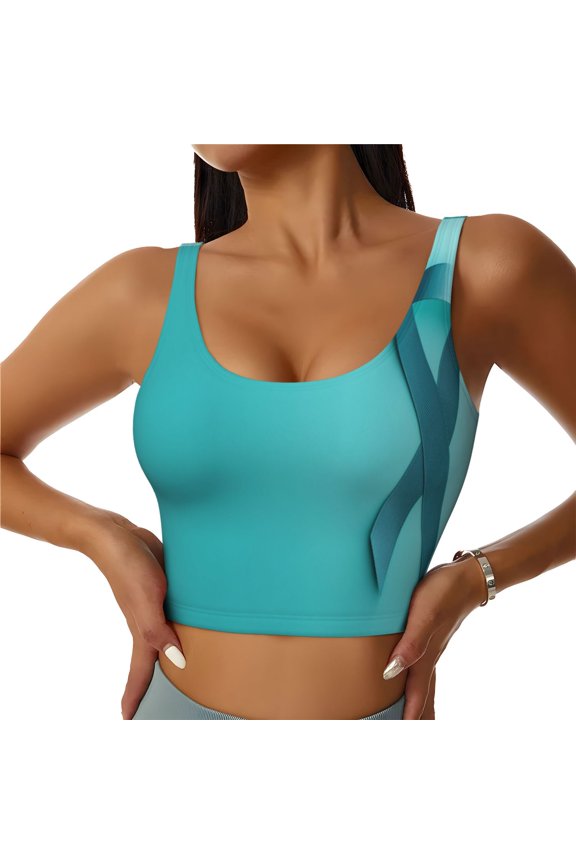 a Teal Ribbonin Print Womens' Sports Bras Scoop Neck Sports Vest- Padded U Back Seamless High Impact Support-Large