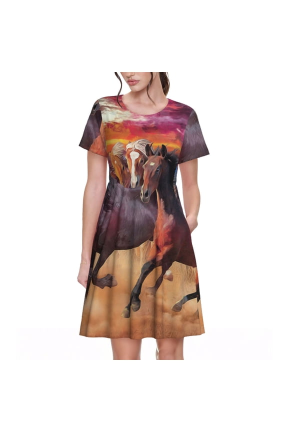 a herd of horses Pattern Women’s Short Sleeve Dress – Casual Elegant Summer A-Line Dress for Everyday Wear