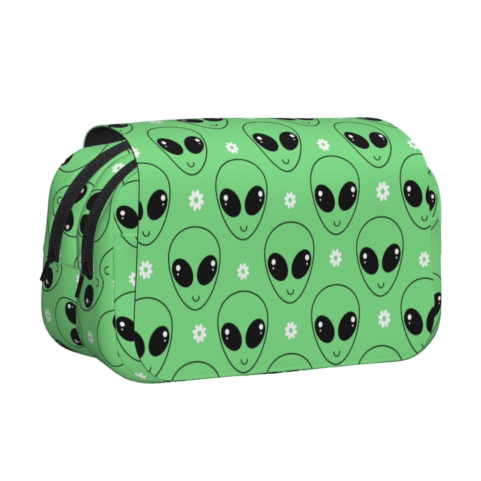 Rateoe alien cartoons Pattern Double Clamshell Pen Case, Storage Organizer with Two Zipper Compartments– Holds Up to 50 Pencils & Pens