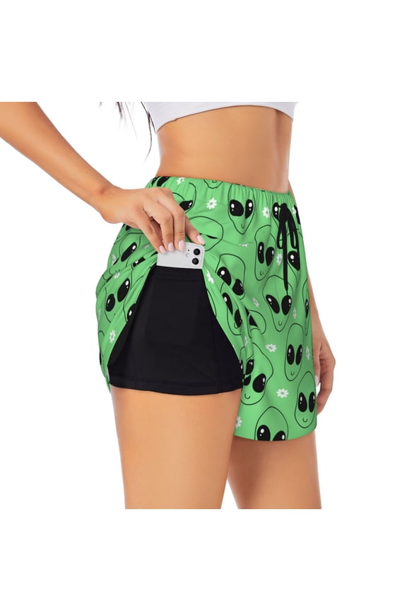 alien cartoons Printed 2 in 1 Women's Workout Shorts for Athletic Gym Running Shorts with Phone Pockets-Medium