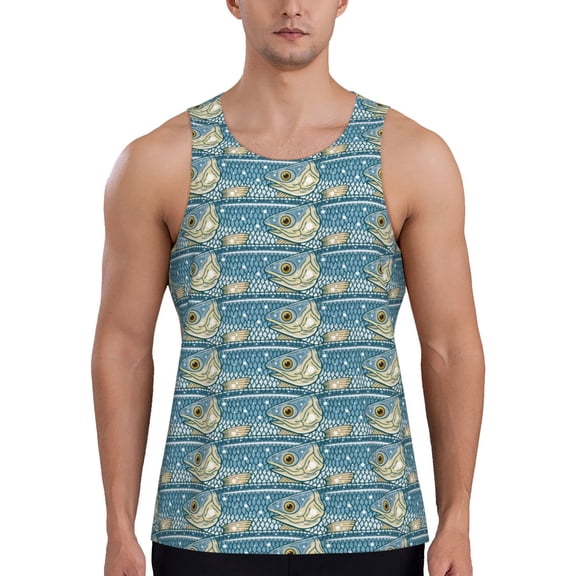 Rateoe anchovy Pattern Sleeveless Gym Shirt Muscle Tee Breathable Workout Shirt Slim-Fit Tank Quick Dry Fit Muscle Tank Top Bodybuilding Sleeveless T Shirt-Medium