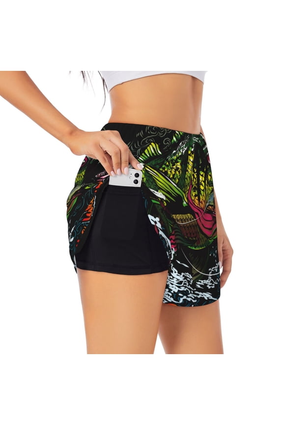 bass Printed 2 in 1 Women's Workout Shorts for Athletic Gym Running Shorts with Phone Pockets-XX-Large