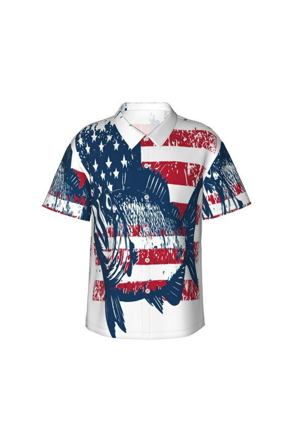 bass fish with the USA flag Pattern Mens Hawaiian Shirt Short Sleeve Button-Down Tropical Beach Shirt, Lightweight & Breathable Casual Aloha Shirt with Pocket,