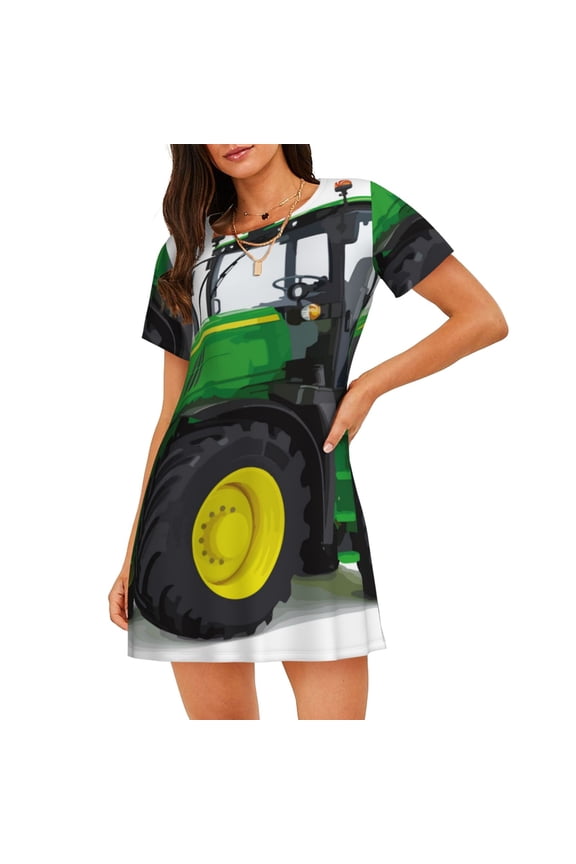 big farm tractor Print Women’s Nightdress – Cozy Cotton Short-sleeved Sleep Shirt, Loose-Fit Sleepwear, Perfect for Relaxing and Sleeping
