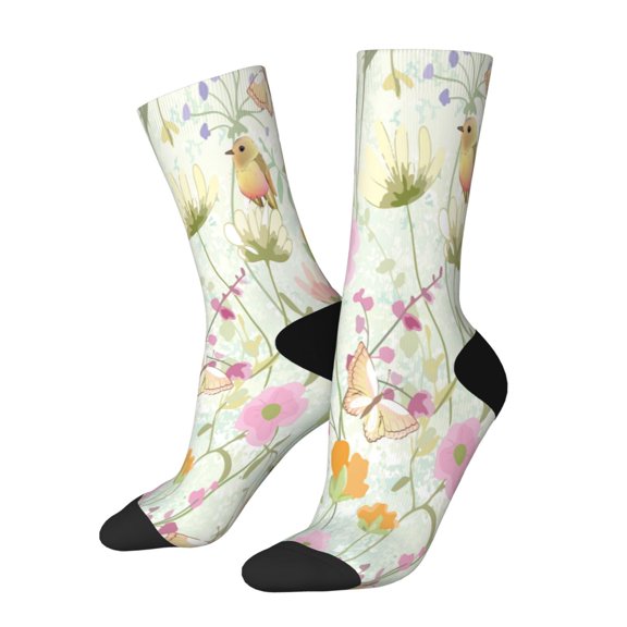 Rateoe bird and butterfly for Women Casual Calf Socks - Cute Crew Socks - Thin Soft Above Ankle Socks Size 5-11
