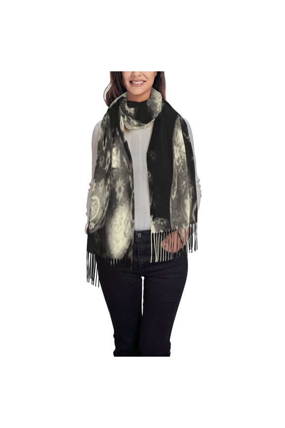 black Easter eggs Printed Women's Traditional Scarf Wrap Tassel Shawl Fringes Neck Head Shawl Retro Scarf