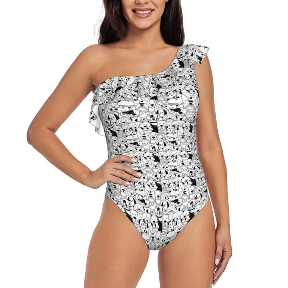 Rateoe black and white dogs Pattern Women One Piece Swimsuits Tummy Control One Shoulder Bathing Suits Ruffle Swimwear-Large