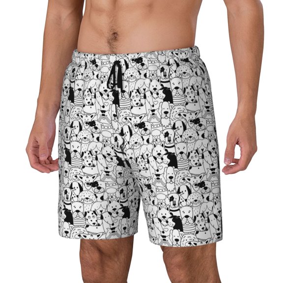Rateoe black and white dogs Pattern Men’s Swim Shorts with Compression Liner – Double-Layered Quick-Dry Swimwear, Comfortable & Stretchy Beach Shorts-Medium