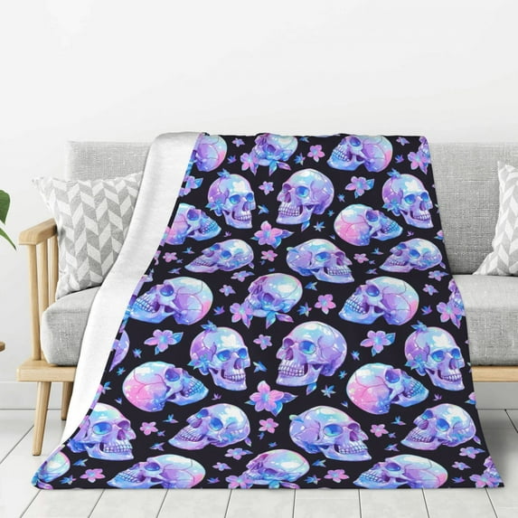 Rateoe blue Skull flower Pattern Flannel Throw Blanket, Ultra-soft Blanket for Bed, Couch, Car, Hypoallergenic Anti-pilling blanket-40"x30"(Vertical)