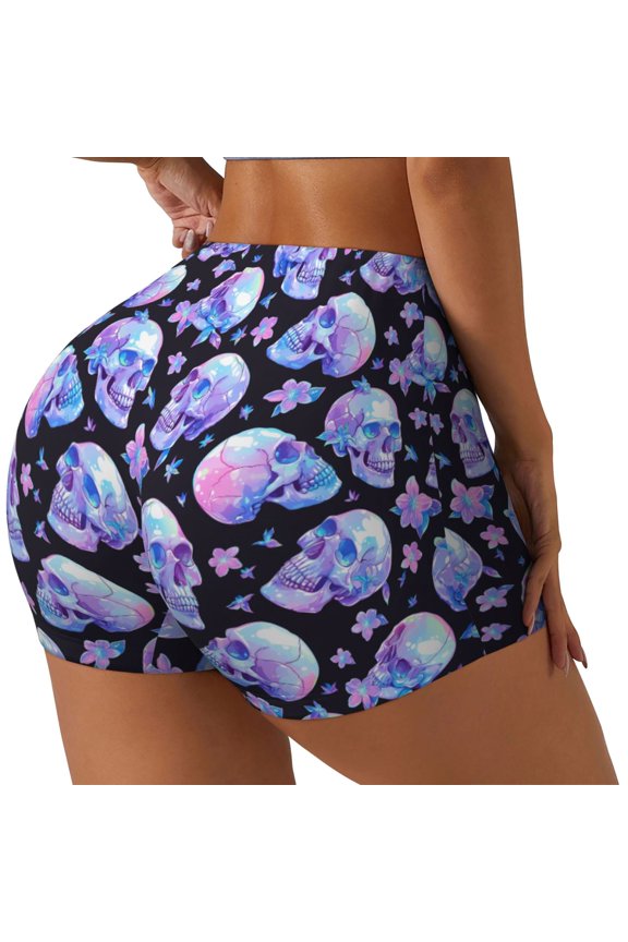 blue Skull flower Printed Power Workout Shorts for Women Tummy Control Squat Proof Ribbed Thick Seamless Scrunch Active Short-Small
