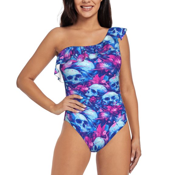 Rateoe blue Skull purple flower Pattern Women One Piece Swimsuits Tummy Control One Shoulder Bathing Suits Ruffle Swimwear-Small