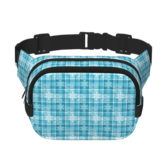 Rateoe blue plaid Snowflake Print Fanny Pack Belt Bag for Women and Men, Square Double-Layer Waterproof Waist Pack with Adjustable Strap for Hiking, Jogging, Cycling
