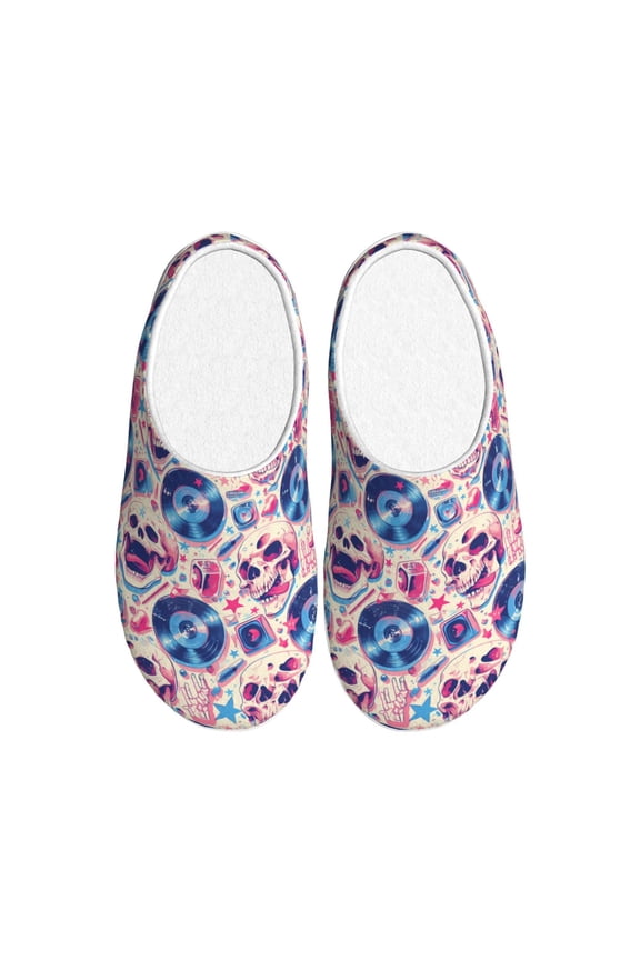 blue record rock Skull Print Women's Men's Cotton Knit Slippers Lightweight Memory Foam Indoor House Shoes with Anti-Skid Sole-44/45