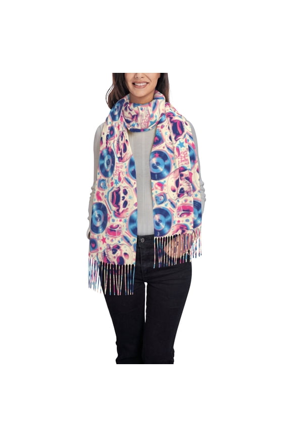 blue record rock Skull Women's Traditional Scarf Wrap Tassel Shawl Fringes Neck Head Shawl Retro Scarf