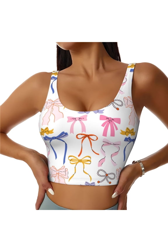 bow ribbons Print Womens' Sports Bras Scoop Neck Sports Vest- Padded U Back Seamless High Impact Support-X-Large