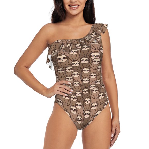 Rateoe brown sloth family Pattern Women One Piece Swimsuits Tummy Control One Shoulder Bathing Suits Ruffle Swimwear-XX-Large
