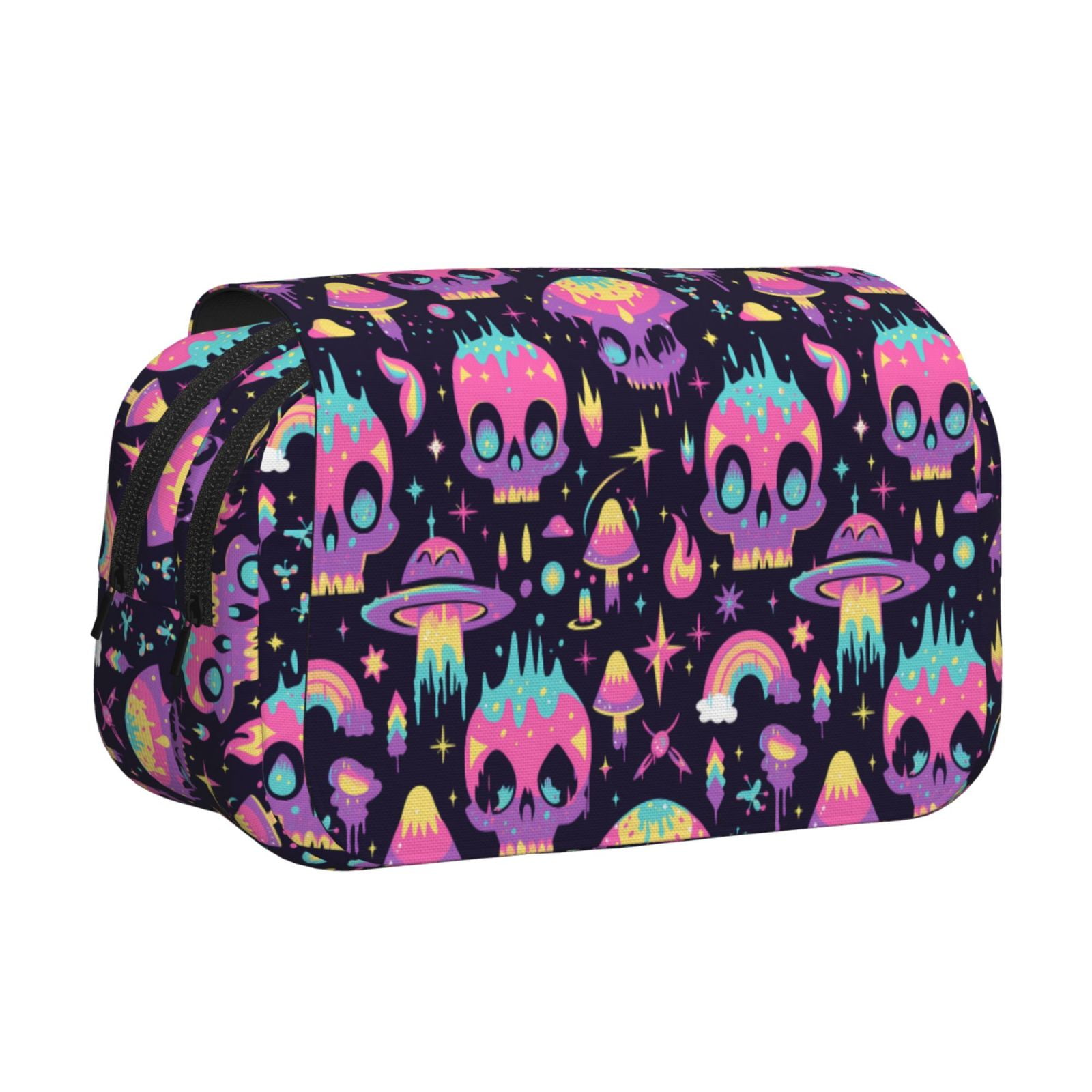 Rateoe cartoon Skull rainbow space Pattern Double Clamshell Pen Case, Storage Organizer with Two Zipper Compartments– Holds Up to 50 Pencils & Pens