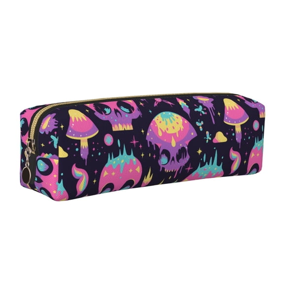 Rateoe cartoon Skull rainbow space Print Leather Pencil Case with Smooth Zipper, Compact Storage for Writing Tools & Art Supplies, 8.26" x 1.96" x 2.16"