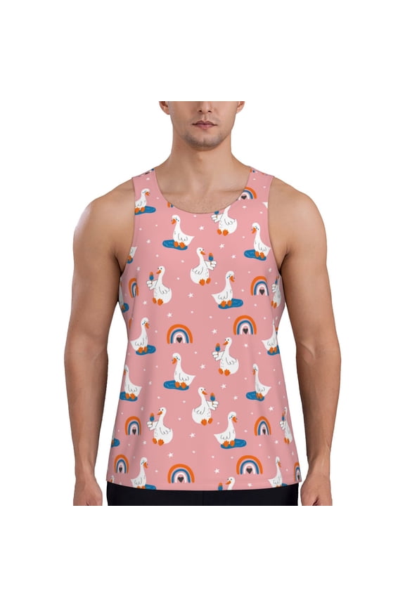 cartoon goose rainbow Pattern Sleeveless Gym Shirt Muscle Tee Breathable Workout Shirt Slim-Fit Tank Quick Dry Fit Muscle Tank Top Bodybuilding Sleeveless T Shirt-