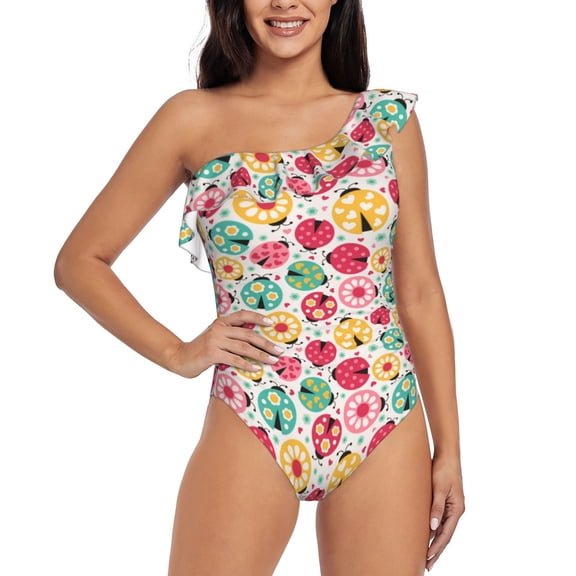 Rateoe cartoon ladybird Pattern Women One Piece Swimsuits Tummy Control One Shoulder Bathing Suits Ruffle Swimwear-Small